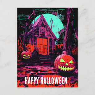 Carte Postale Maison d'Halloween rose orange violet hantée