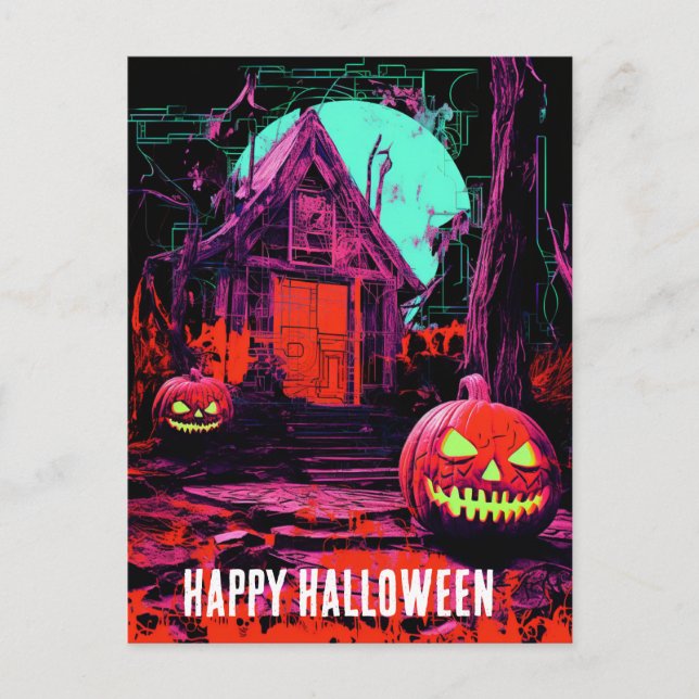 Carte Postale Maison d'Halloween rose orange violet hantée (Devant)