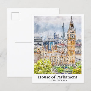Carte Postale Maison du Parlement London Watercolor Main tirée