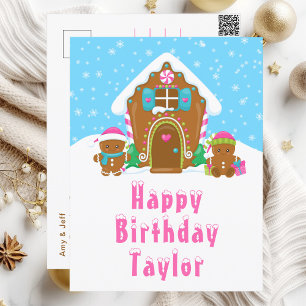 Carte Postale Maison en pain d'épice rose et bleu Joyeux Anniver
