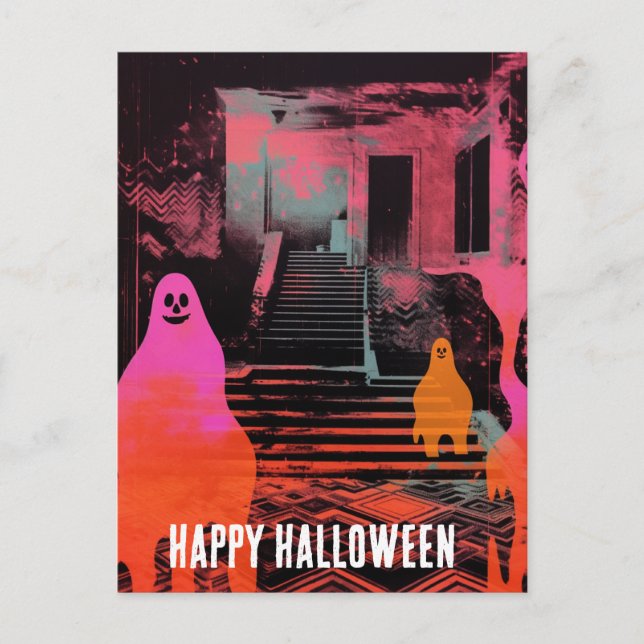 Carte Postale Maison Halloween Rétro Hantée Fantômes rose Orange (Devant)
