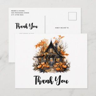 Carte Postale Maison hantée avec citrouilles Halloween Merci