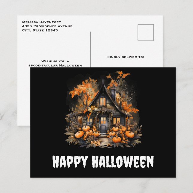 Carte Postale Maison hantée avec Halloween Citrouille (Devant / Derrière)
