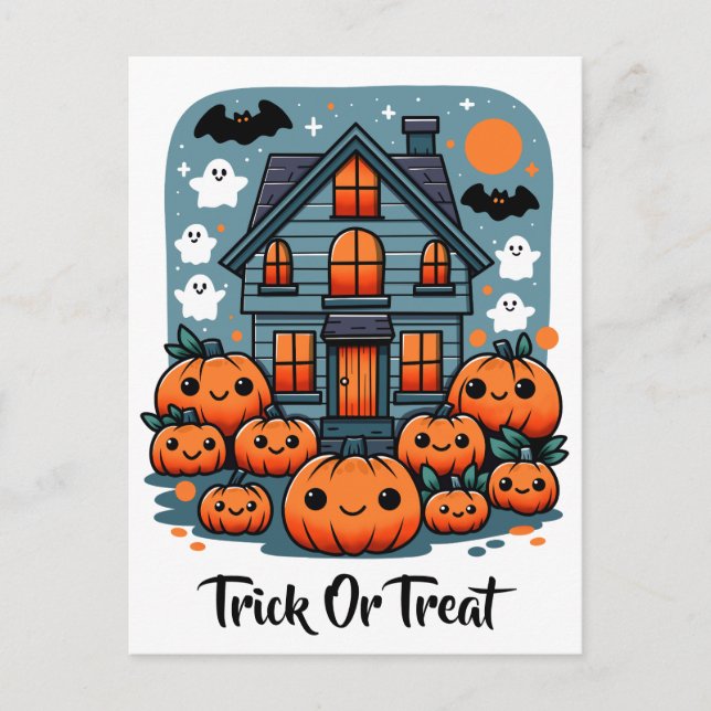 Carte Postale Maison Hantée Cute Halloween Citrouille Fantômes & (Devant)