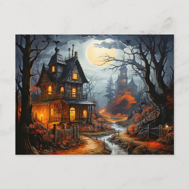 Carte Postale Maison hantée d'Halloween éffrayant (Devant)