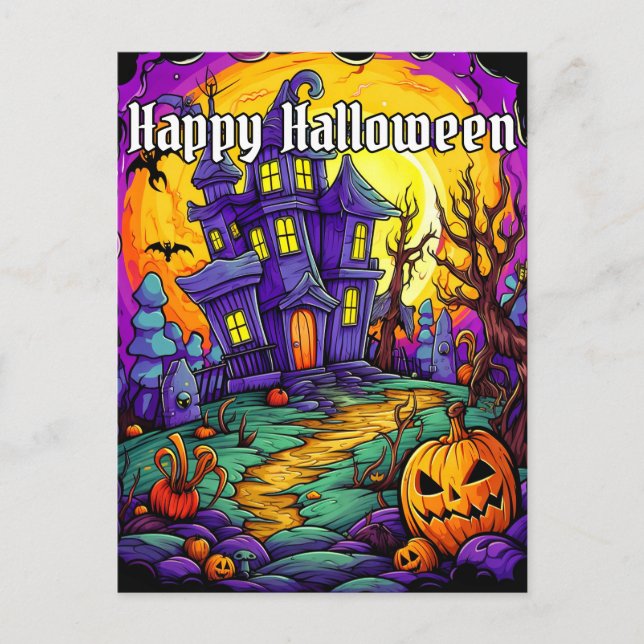 Carte Postale Maison hantée éffrayante | Bonne Halloween (Devant)