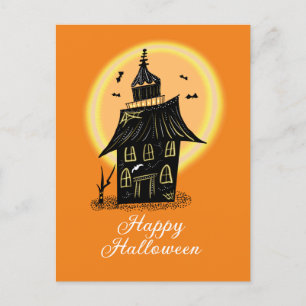 Carte Postale Maison hantée Halloween noire orange