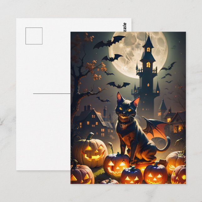 Carte Postale Maison hantée, pleine lune, chat noir Halloween (Devant / Derrière)