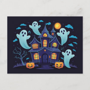 Carte Postale Maison hantée Spooky Blue avec fantômes flottants