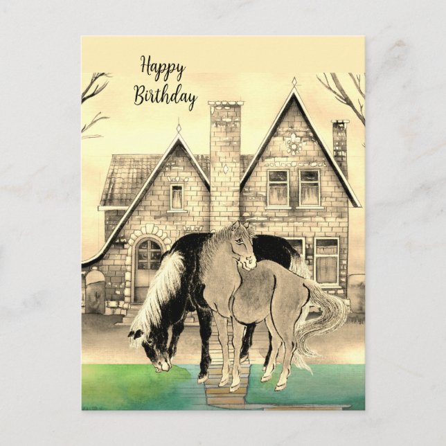 Carte Postale Maison Or Asiatique Chevaux Vert Jaune Tan | (Devant)