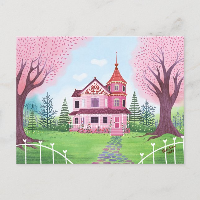 Carte Postale Maison victorienne rose & Fleur de cerisier (Devant)