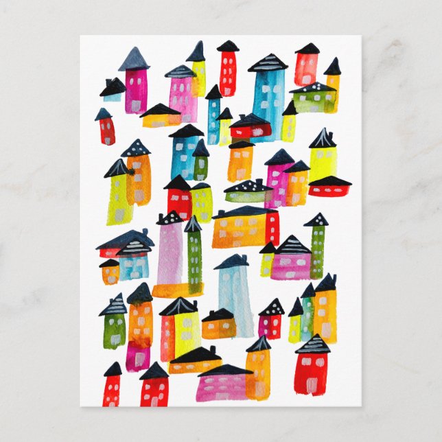 Carte Postale Maisons colorées mignonnes art aquarelle (Devant)