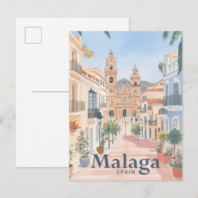 Carte Postale Malaga Espagne Aquarelle Peinture Voyage (Devant / Derrière)