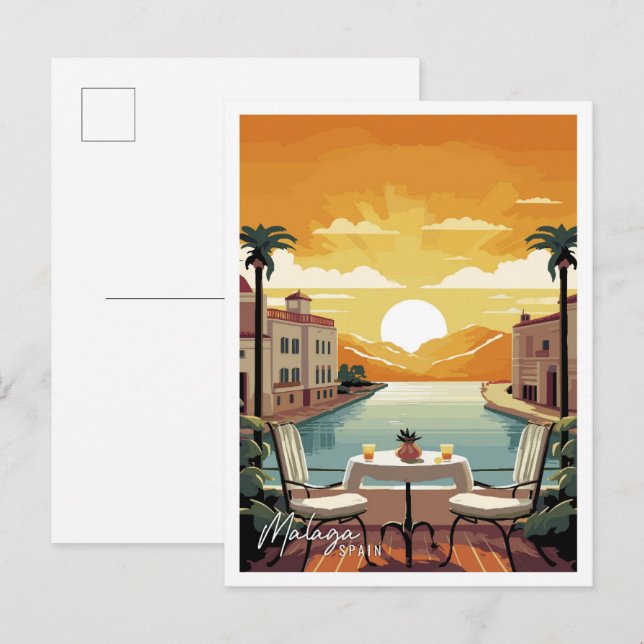 Carte Postale Malaga Espagne Art vintage illustration de voyage (Devant / Derrière)