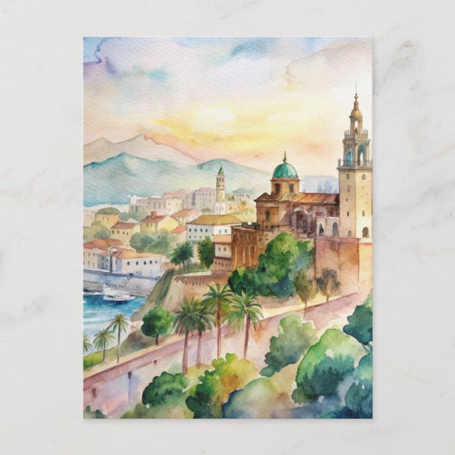 Carte Postale Malaga Espagne Cityscape peinture aquarelle (Devant)