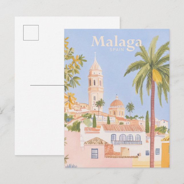 Carte Postale Malaga Espagne Gouache Peinture Illustration Voyag (Devant / Derrière)