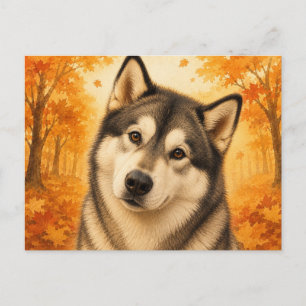 Carte Postale Malamute d'Alaska Forêt Automnale Chien