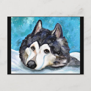 CARTE POSTALE MALAMUTE JOUE DANS LA NEIGE 