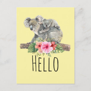 Carte Postale Maman & Bébé Koala Ours mignonne aquarelle Hello