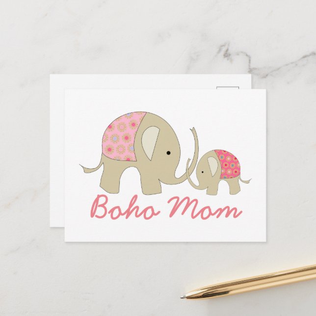 Carte Postale Maman de Boho, Eléphant rose (Devant/Arrière en situation)