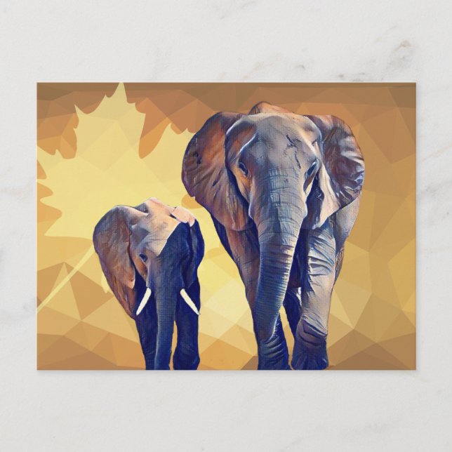 Carte Postale Maman et bébé Eléphant à l'automne (Devant)