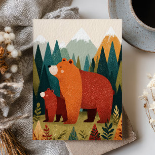 Carte Postale Maman Ours & Ourson Dessin Animé Paysage de Montag