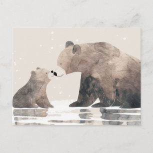 Carte Postale Maman ourse et ourson à l'aquarelle Jolie fête des