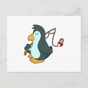 Carte Postale Manchot à la pêche avec une canne à pêche
