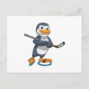 Carte Postale Manchot au hockey sur glace avec bâton de hockey s