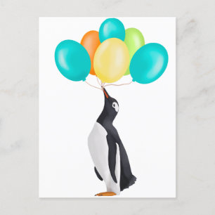 Carte Postale Manchot avec des ballons colorés
