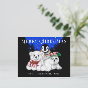 Carte Postale Manchot de Noël bébé ours polaire bébé phoque
