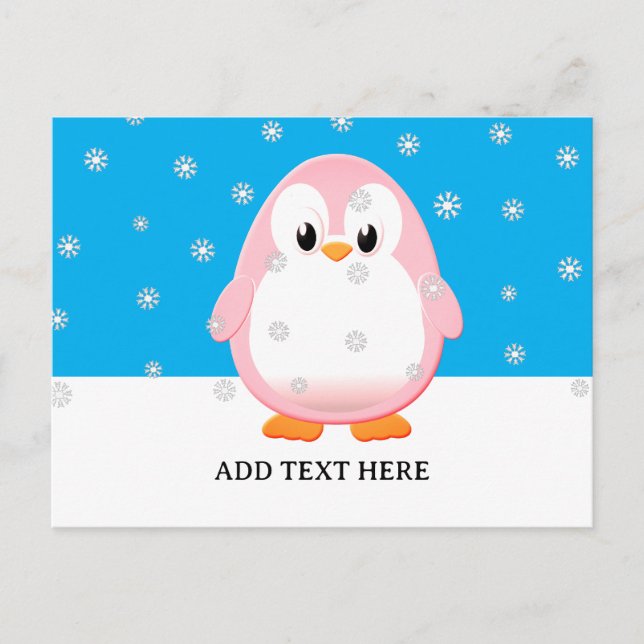 Carte Postale Manchot rose mignon dessin animé Flocons de neige  (Devant)