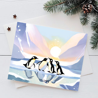 Carte Postale Manchots Hiver Aquarelle | Neige et Glace Mignons