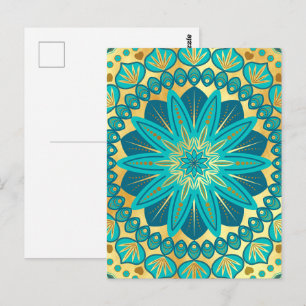 Carte Postale Mandala Fleur Or Bleu