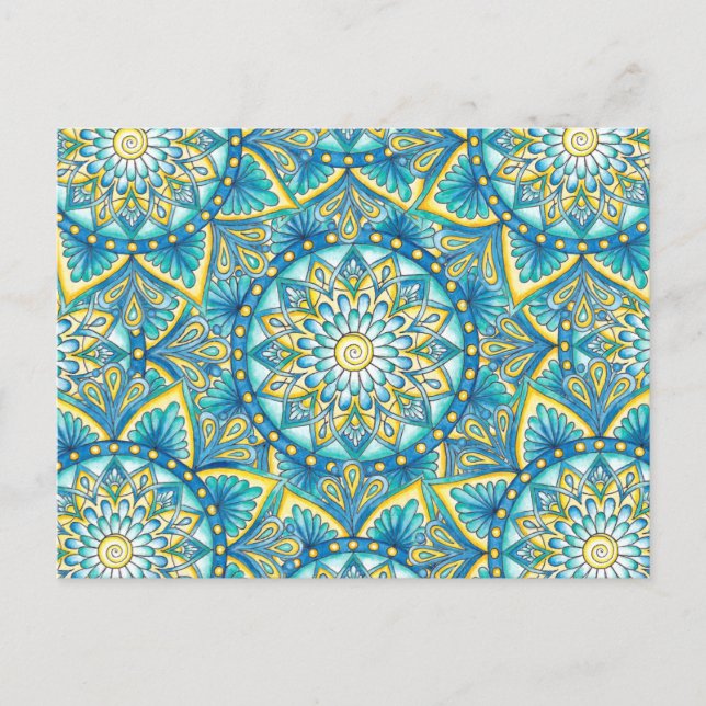 Carte Postale Mandala Floral bleu turquoise Motif jaune (Devant)