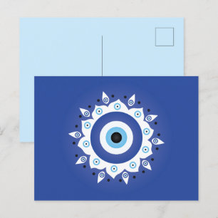 Carte Postale Mandala Grec Mal Oeil Bleu Blanc