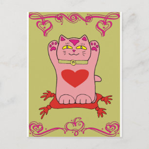 Carte Postale Maneki Neko Chat rose aux Coeurs