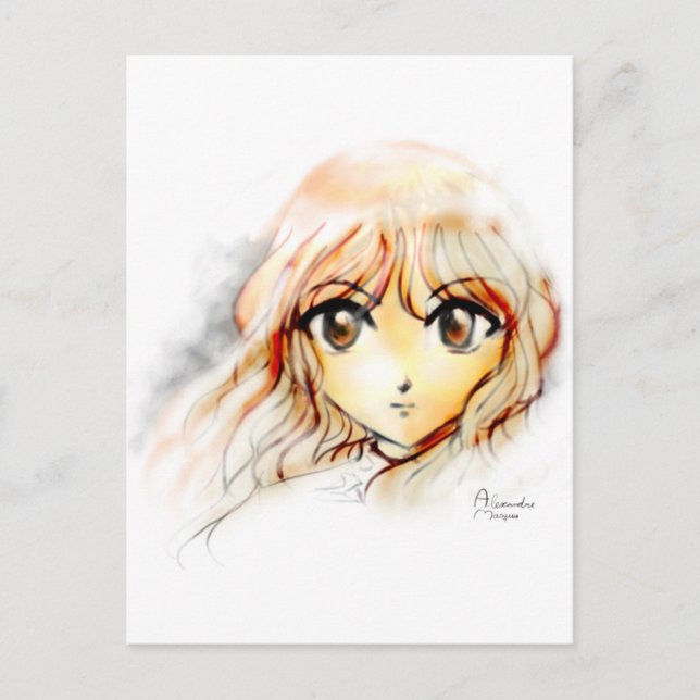 Carte Postale Manga Anime Girl croquis gros yeux kawaii mignon (Devant)