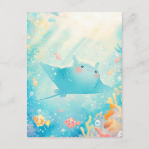 Carte Postale Manta Ray Adorable Kawaii Océan Ensoleillé
