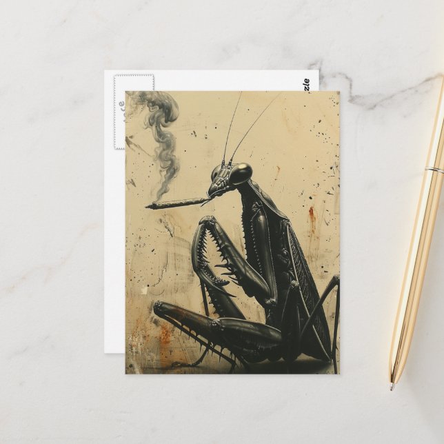 Carte Postale Mante religieuse surréaliste fumeur aux couleurs r (Devant/Arrière en situation)