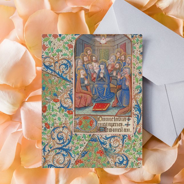 Carte Postale Manuscrit médiéval illuminé de la Pentecôte (The Pentecost Descent of the Holy Spirit Medieval Illuminated Manuscript Catholic Christian Postcard)