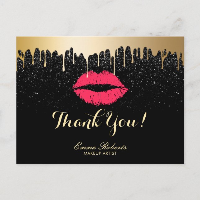 Carte Postale Maquillage Artiste Gold Drips Red Lips Salon Merci (Devant)