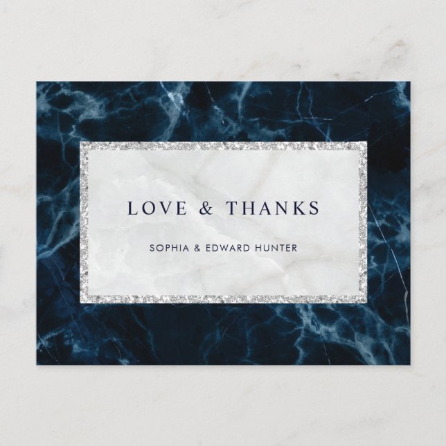 Carte Postale Marbre blanc bleu marine Mariage Merci (Devant)