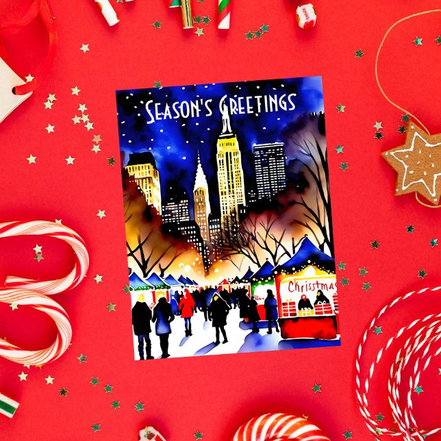 Carte Postale Marché de Noël Joyeuses Fêtes New York (Seasons greeting New York Christmas night market watercolor postcard)