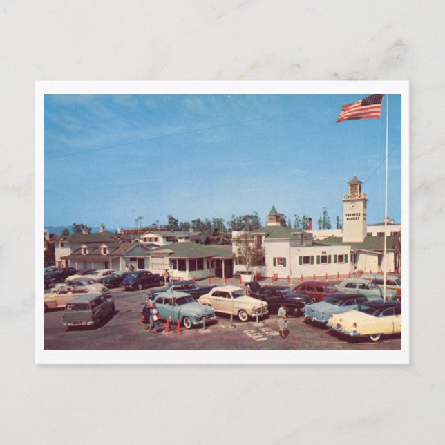 Carte Postale Marché fermier, Vieilles voitures, Los Angeles Vin (Devant)