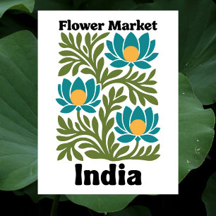 Carte Postale Marché Fleurs Inde Lotus Sarcelle & Feuille Botani