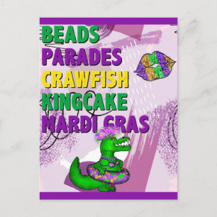 Carte Postale Mardi Gras Alligator Purple Green Gold