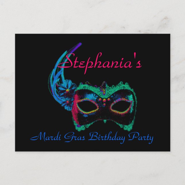 Carte Postale "Mardi Gras Anniversaire" - Masque en bleu/vert [a (Devant)