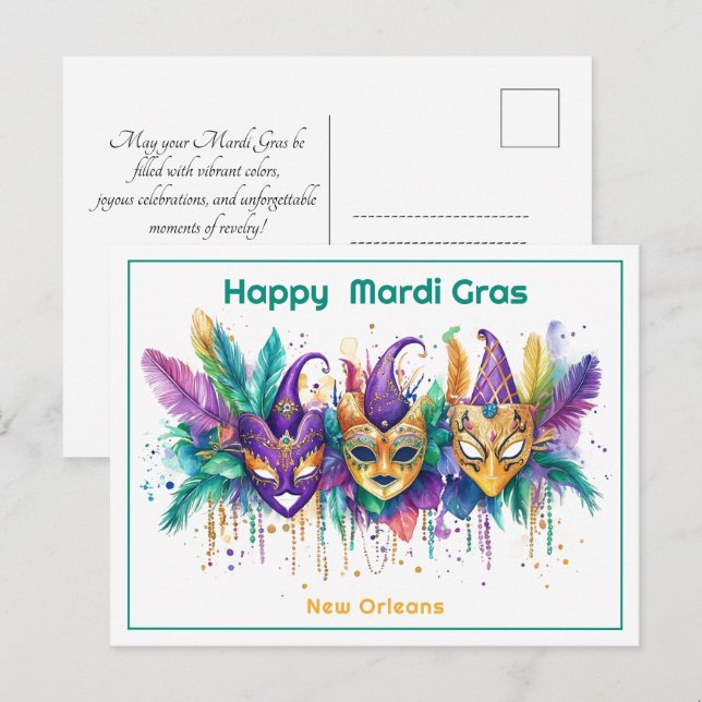 Carte Postale 💚 💜 💛 Mardi Gras aquarelle Masqué Missile Maker (Devant / Derrière)