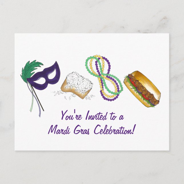 Carte Postale Mardi Gras Beads Beignet Mask Party Invitation (Devant)
